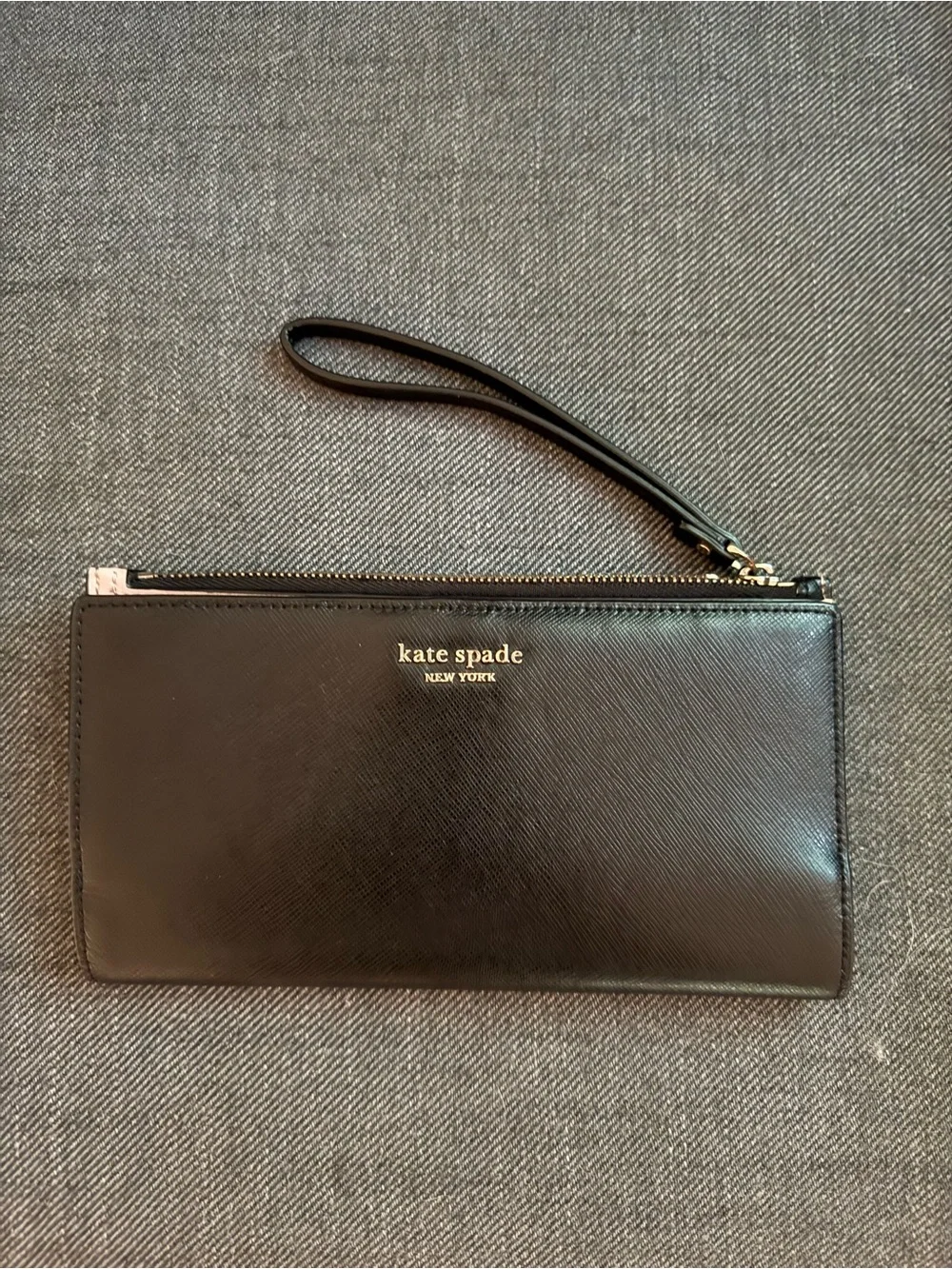 kate spade Black Leather Zip Wristlet with Gold Logo